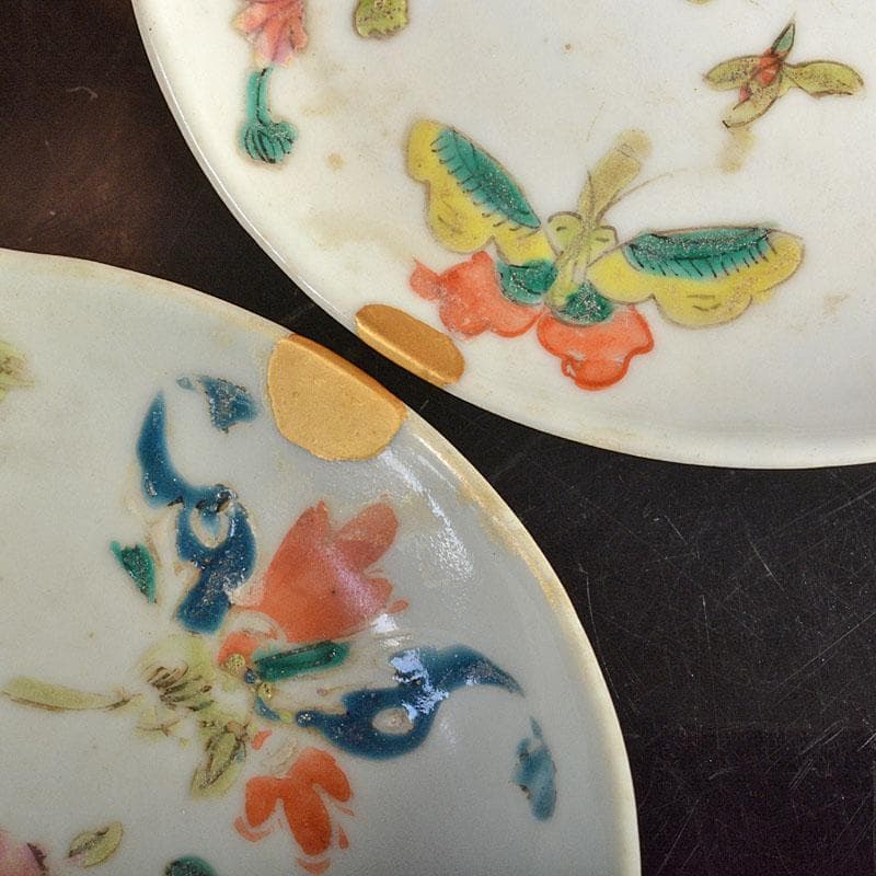 中国　民国　粉彩　花蝶文盤　小皿　二客　時代箱付　C　R6471