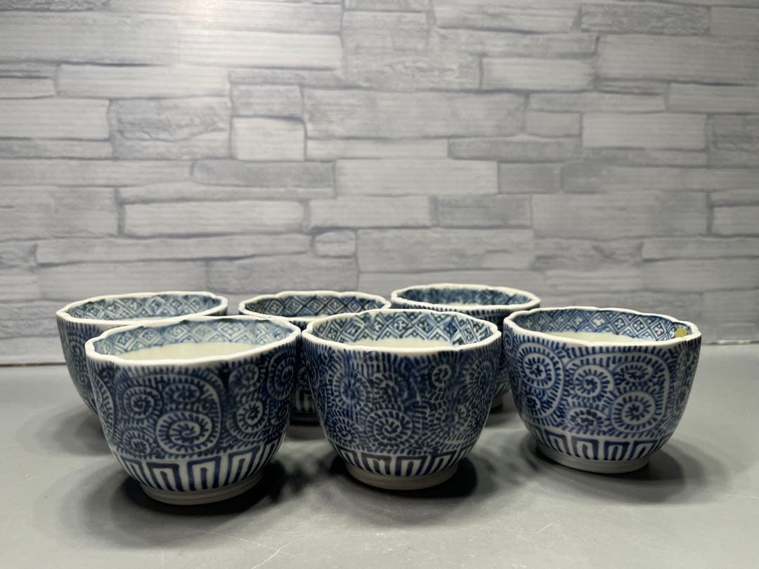 江戸後期　蛸唐草文　染付　輪花　そば猪口　向付　6客