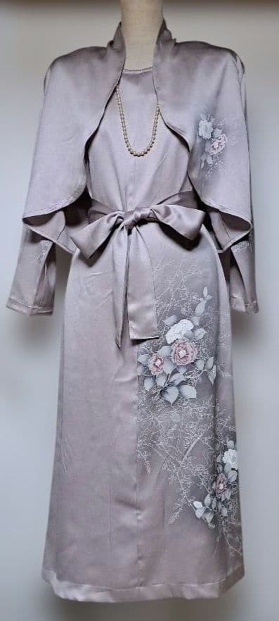 薄紫色花柄訪問着リメイクボレロ付きワンピースドレス