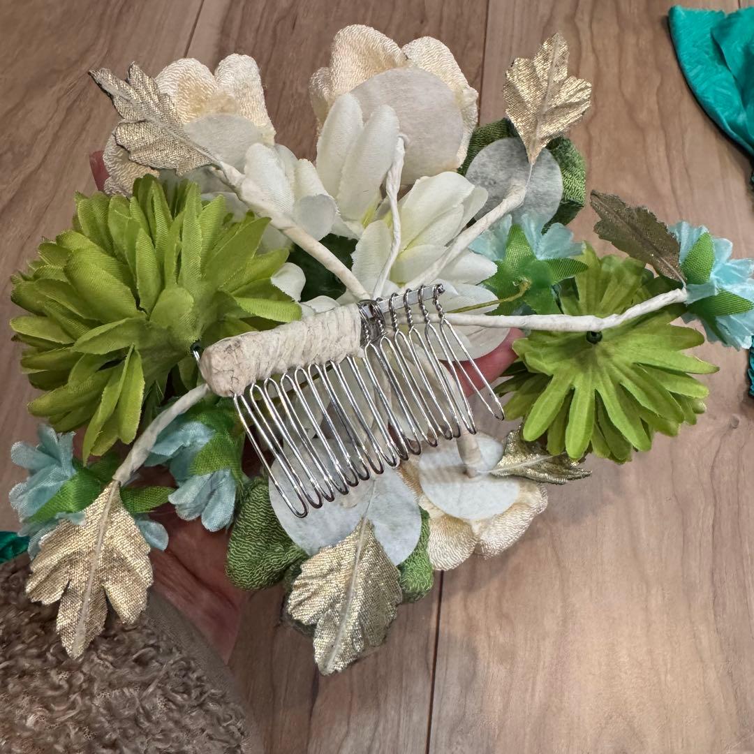 超美品　振袖　帯揚　帯締　髪飾　半衿　6点セット　着物小物　ターコイズブルー