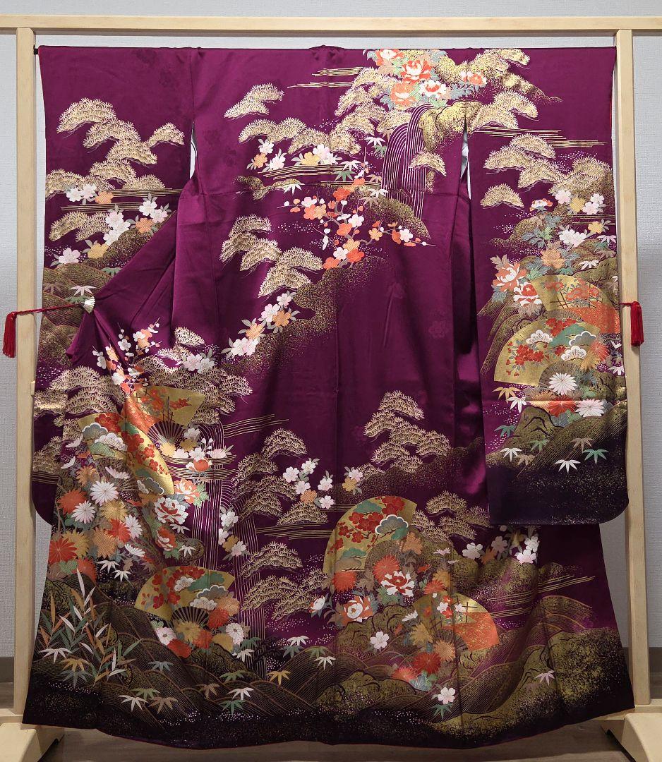 B5◆着物くつろぎ 扇面花模様 金彩 金駒刺繍 袷 正絹 成人式 振袖 着物