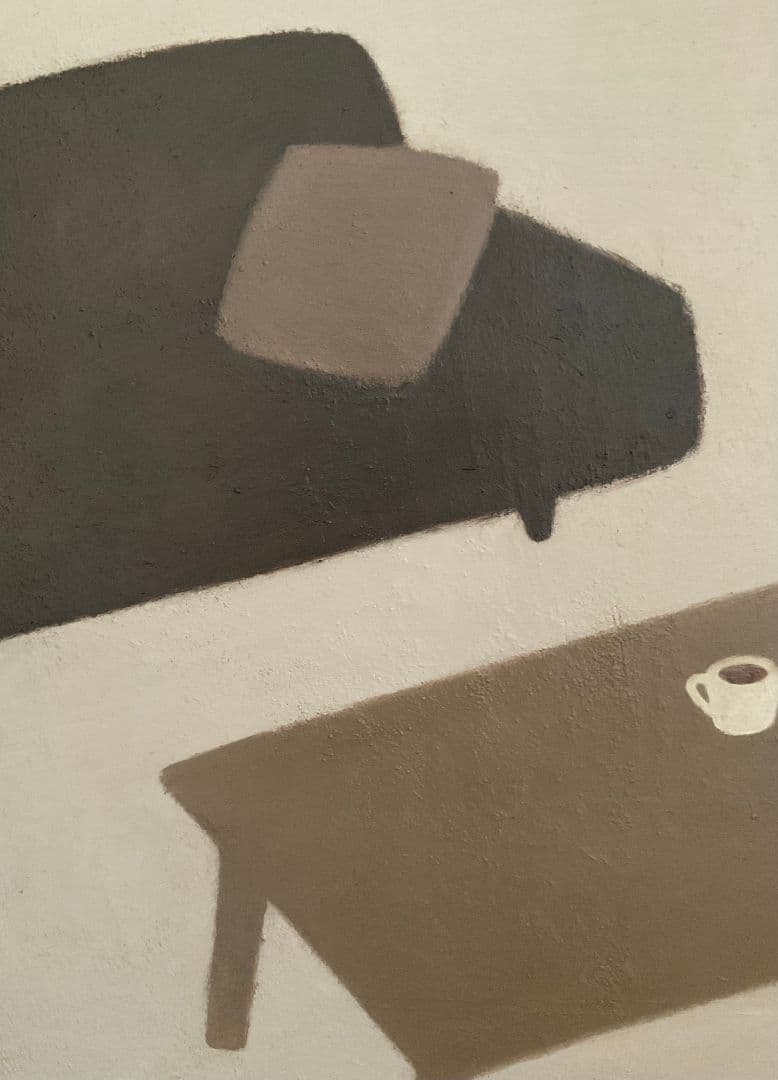 油彩画　ソファーとテーブルとコーヒー