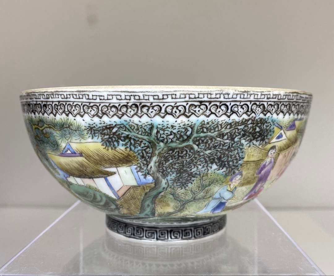 中国清時代　乾隆年製　薄胎極上人物風景画鉢　箱付　東Y7-0331☆2Fトヒト