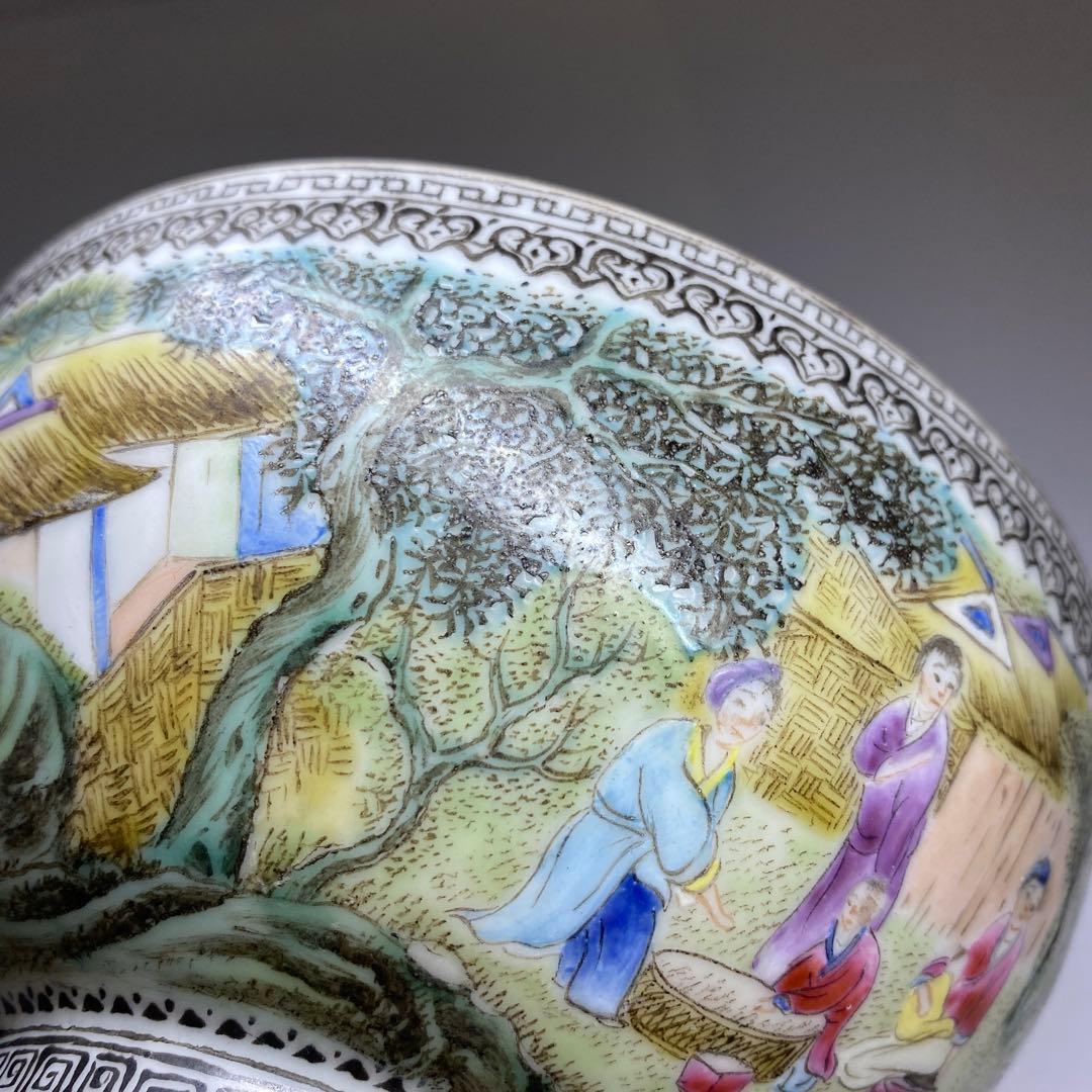 中国清時代　乾隆年製　薄胎極上人物風景画鉢　箱付　東Y7-0331☆2Fトヒト