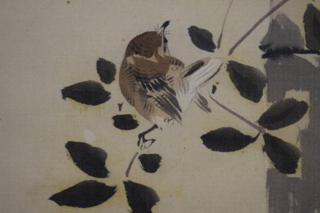 真作/桃坡/雪中南天に雀図/絹表装/桐箱二重箱付/布袋屋掛軸HF-878