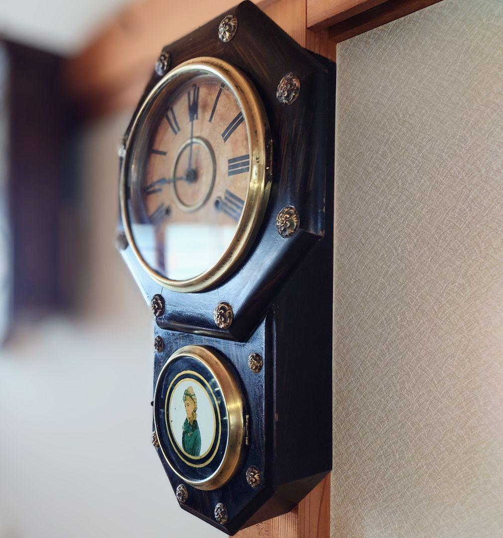 〈完動・美品〉精工舎　硝子絵　小型花ぼたん八角ゼンマイ振り子時計　古時計