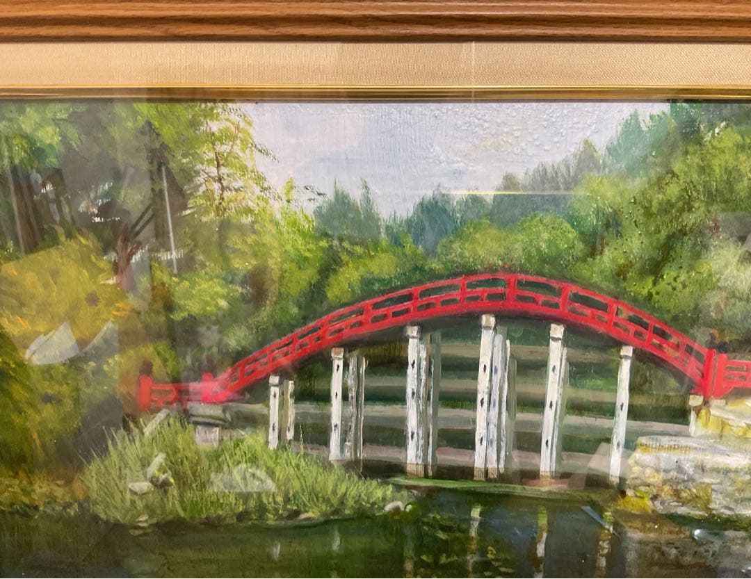 油彩画　「　ハスと太鼓橋　」　原画　額付　P10号