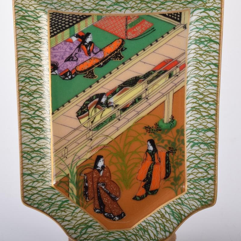 茶道具　栗野芳葉作　色絵　源氏物語絵巻図　羽子板小皿　五客　共箱　V　7784