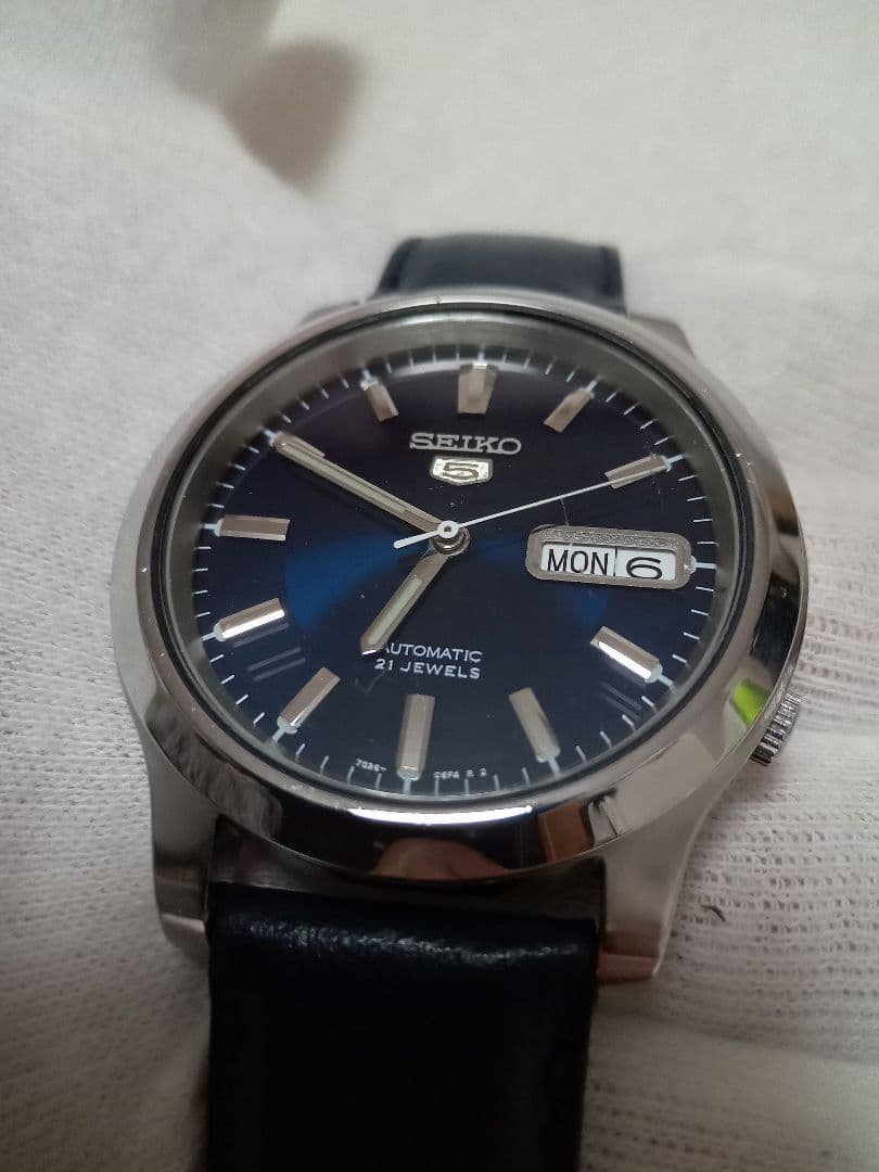 鶴*瓶様 SEIKO5　機械式自動巻　7S26　文字盤ネイビー　牛皮ベルト　美品