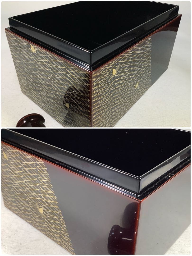 本漆手塗　松笠松葉蒔絵　利休箱　木製溜塗　仁清扇面　手塚桐鳳