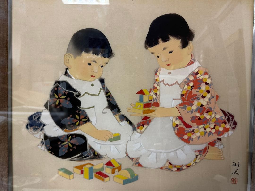 S3 日本画 田中針水 絹本 額装 児童絵