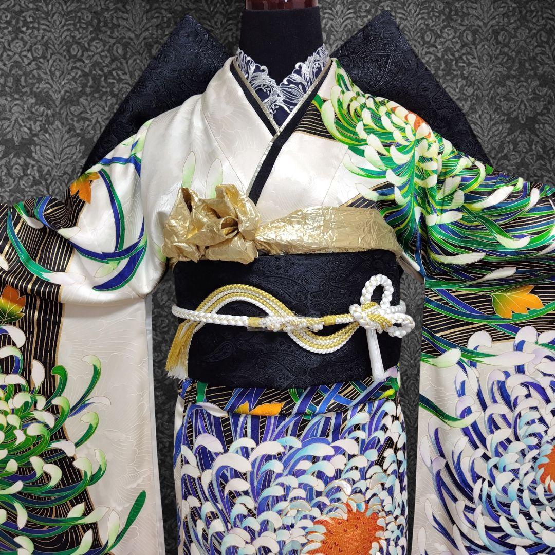 振袖フルセット(7点)・成人式・大輪花模様・金彩加工・金駒刺繍・正絹・逸品