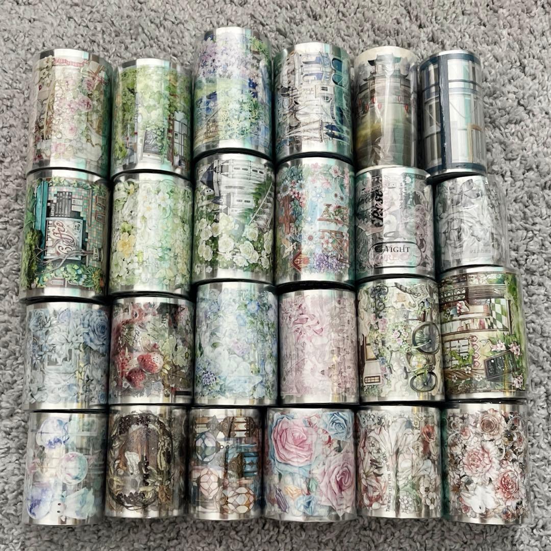 海外マステ 計24巻 10m 5m まとめ売り 贝壳光 petテープ 装飾 花