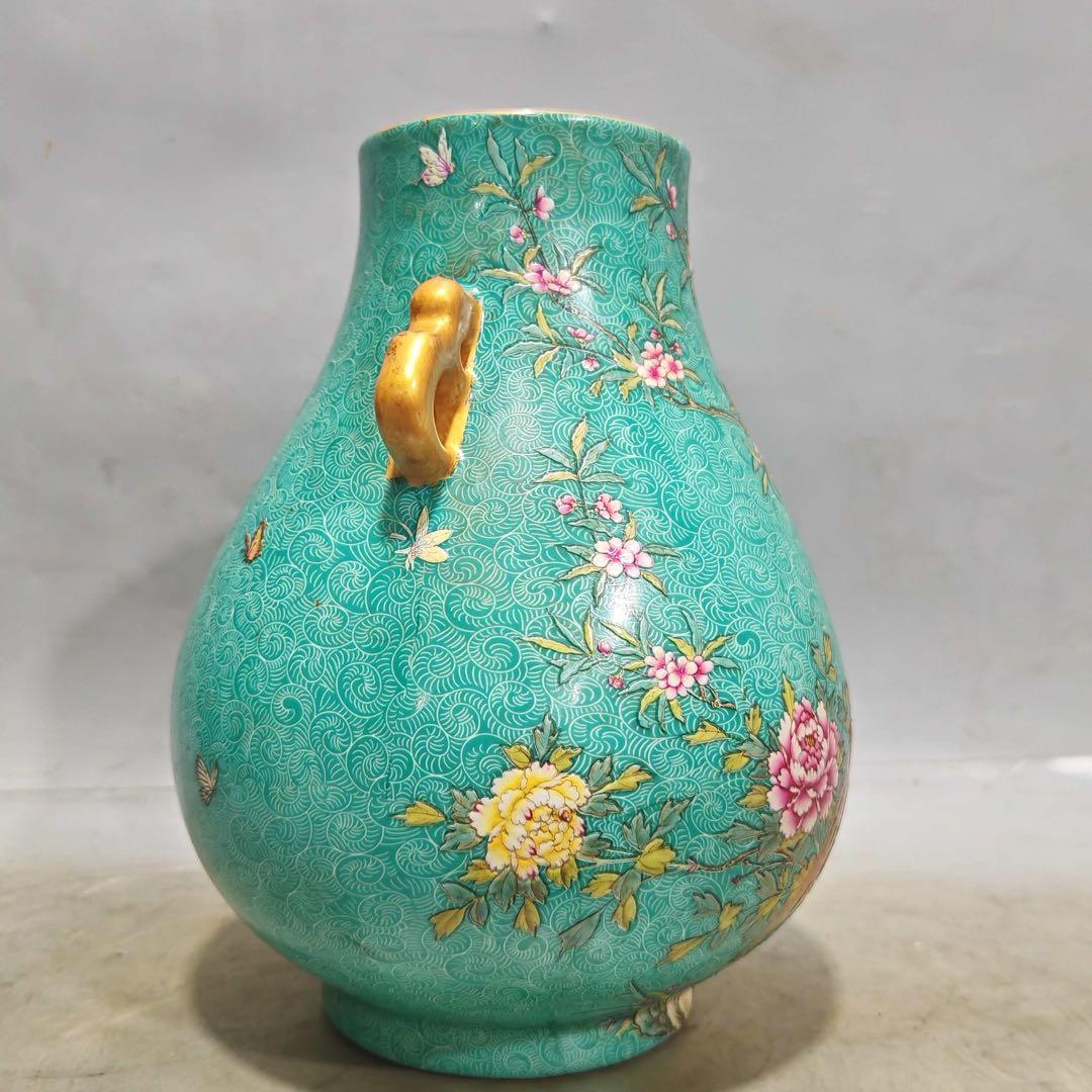 美術品　置物　粉彩雙耳尊　「乾隆御製」銘