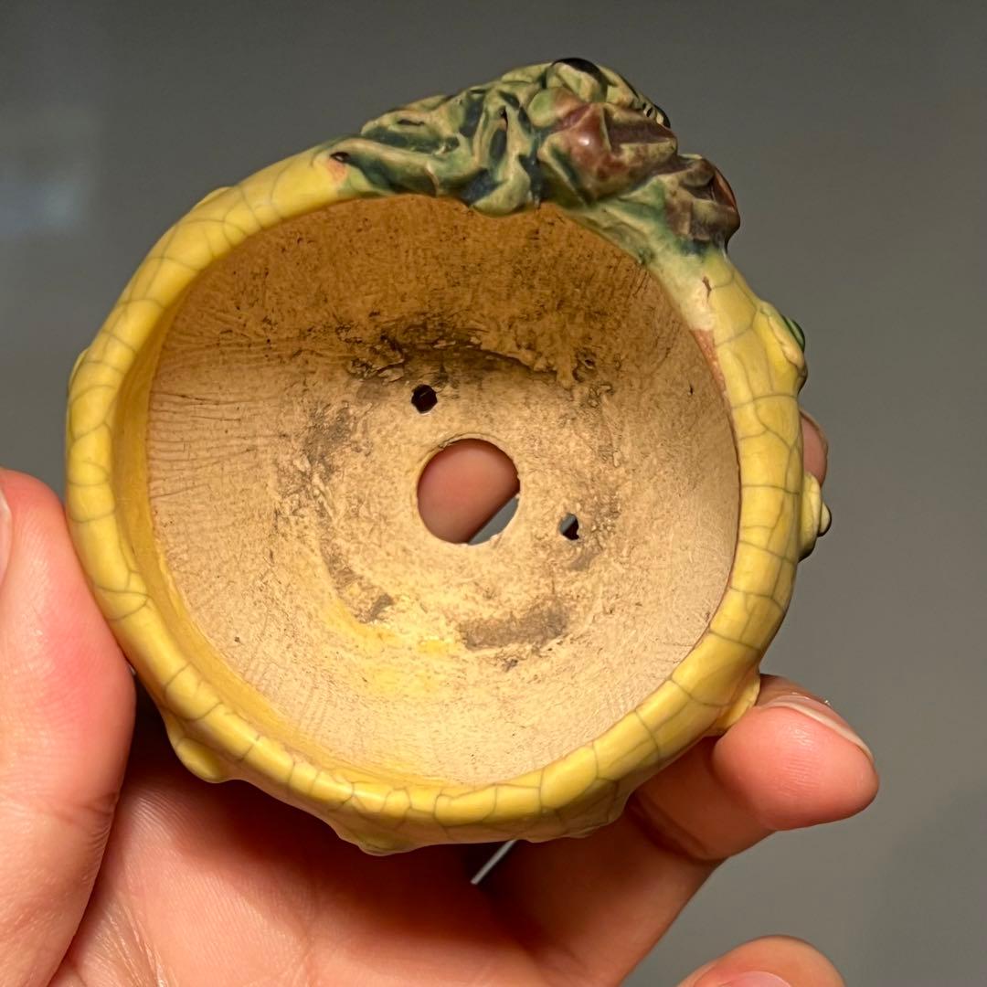 725.古本正志 黄釉蟹彫鼓鉢丸鉢 盆栽鉢 植木鉢 7.5*4.2cm