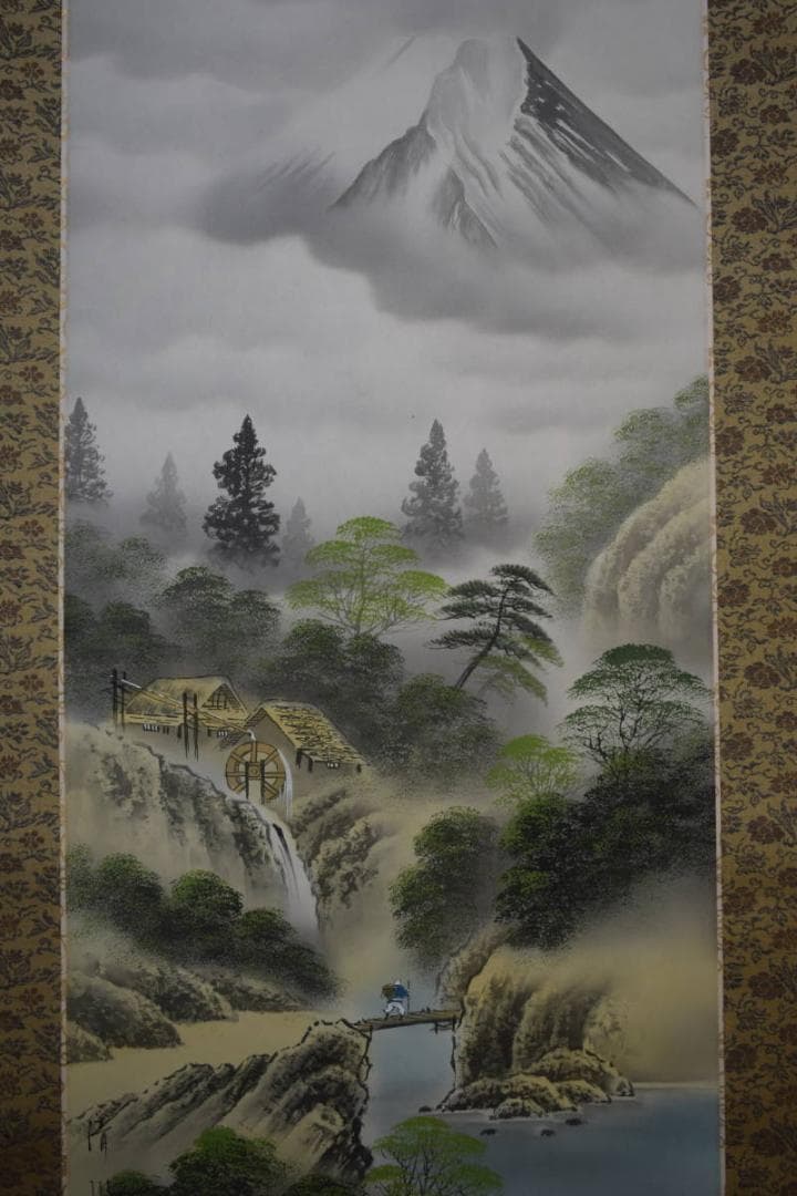 真作/清波/富士山水図/桐共箱付/布袋屋掛軸HF-588