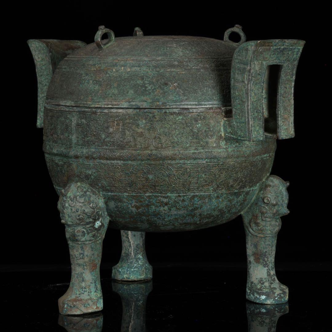 春秋時代 青銅蟠螭紋鼎 三足双耳鼎 蓋付 共箱 古銅器 唐物 時代 古美術 骨董