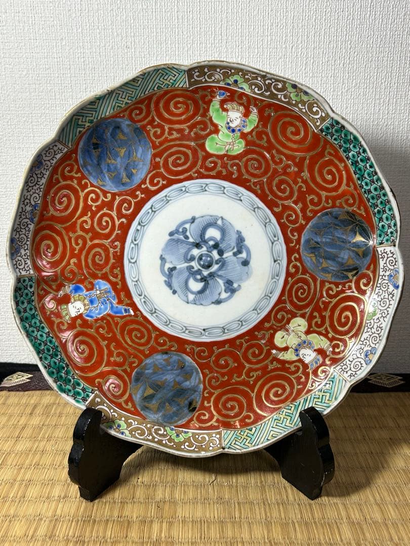 古伊万里色絵七寸皿　4枚 唐子　唐草図　明治時代初期