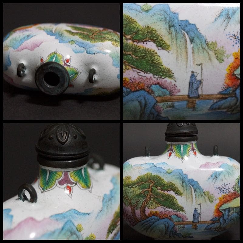 清 乾隆年製 銅胎 琺琅彩『山水風景楼閣人物図』 鼻煙壺 時代物 古賞物 極細工