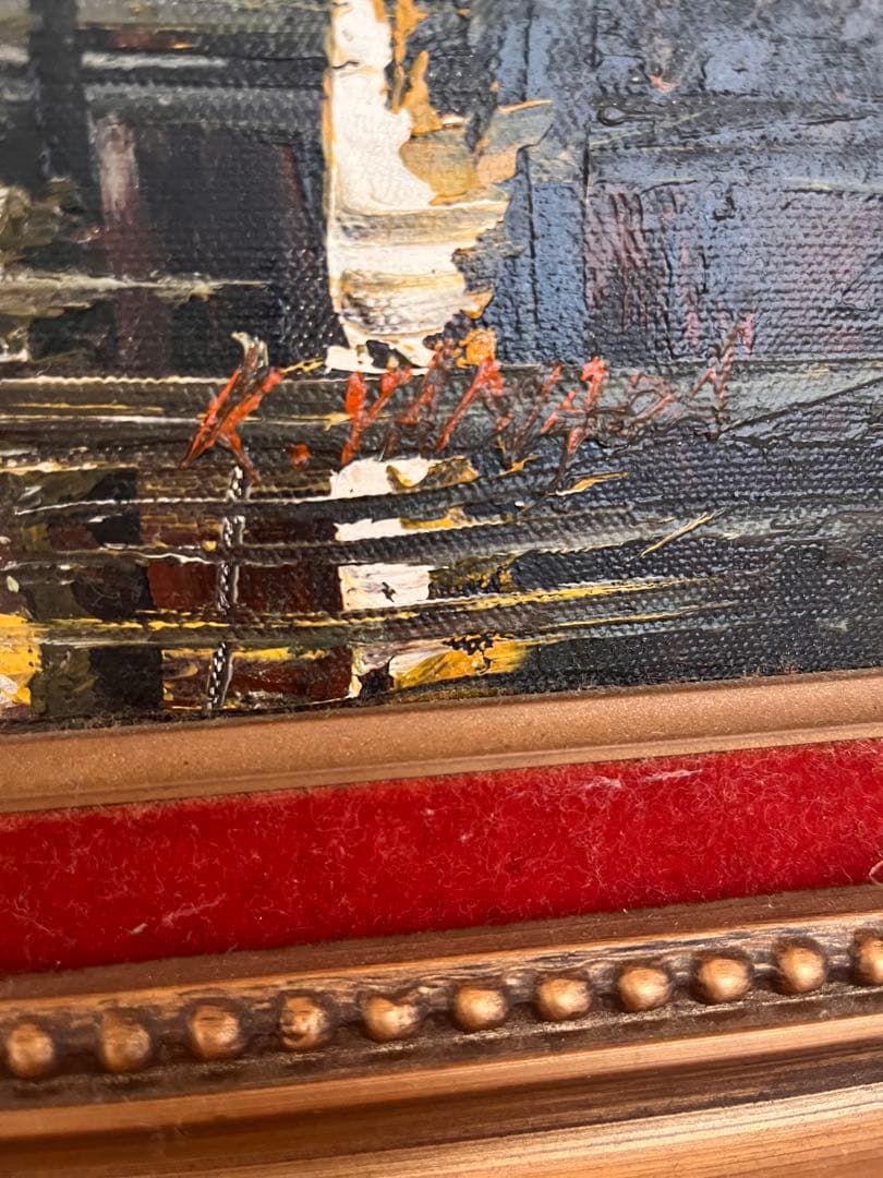 秋の山と湖の油彩画