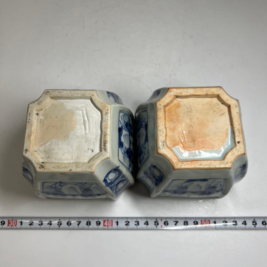 古伊万里　染付角火入一対　木箱付　幅約10㎝　東Y7-0620④タトチ