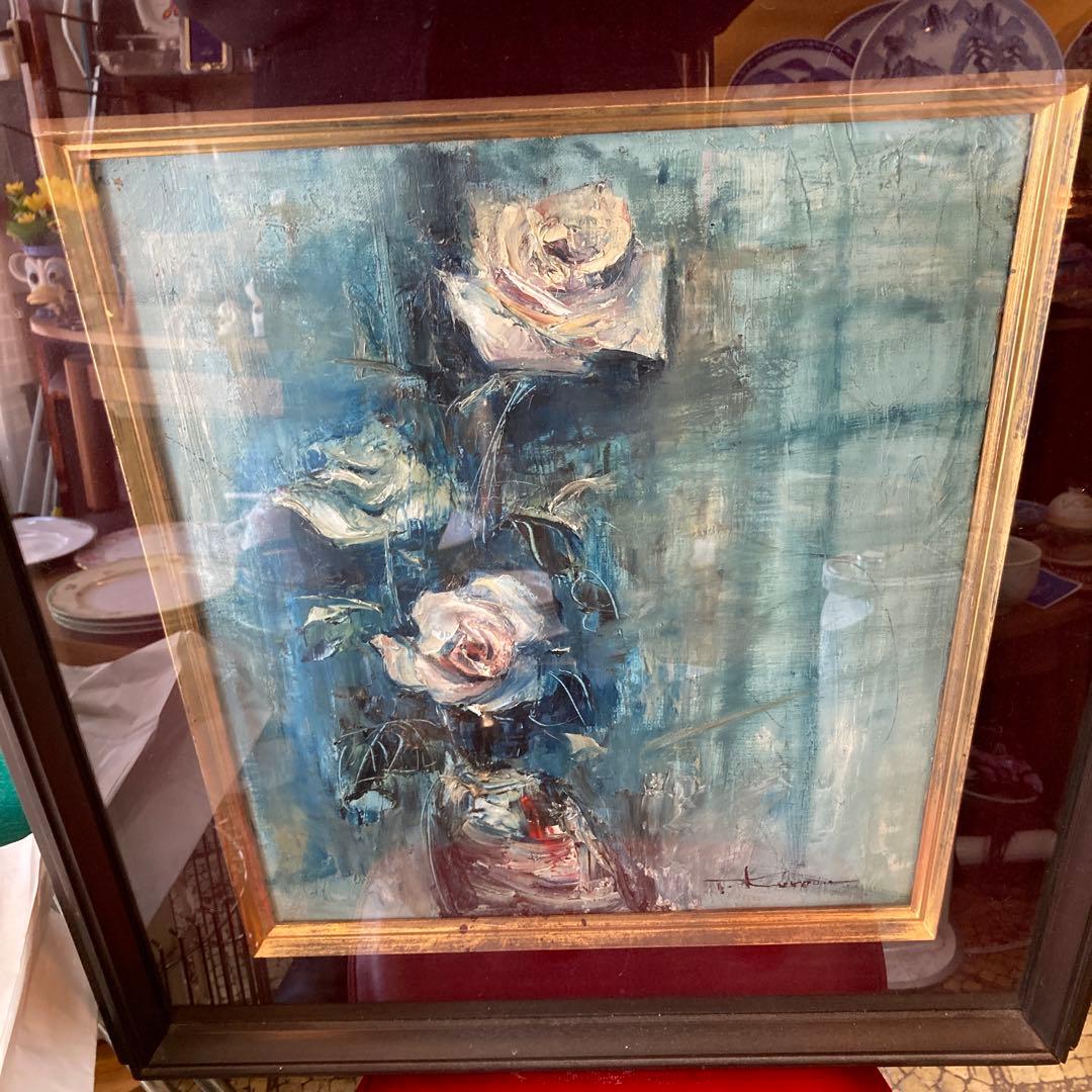 T.kuroda バラの油彩画　アンティーク　黒田保