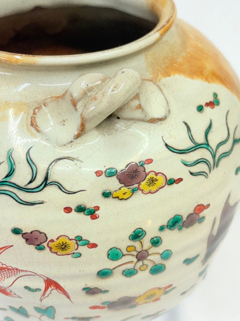 清末〜民国期 中国 景徳鎮 色絵鯉文 双耳 壺 花瓶 古美術 五彩 陶芸