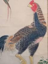 【真作】掛軸　軍鶏図　細密彩色花鳥画　秋の風趣　写実花鳥画　合箱入　T108