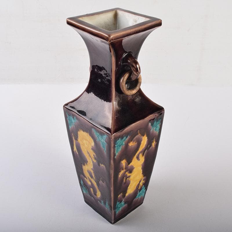 交趾焼　紫交趾　龍文　遊環双耳四方瓶　M　R7672B