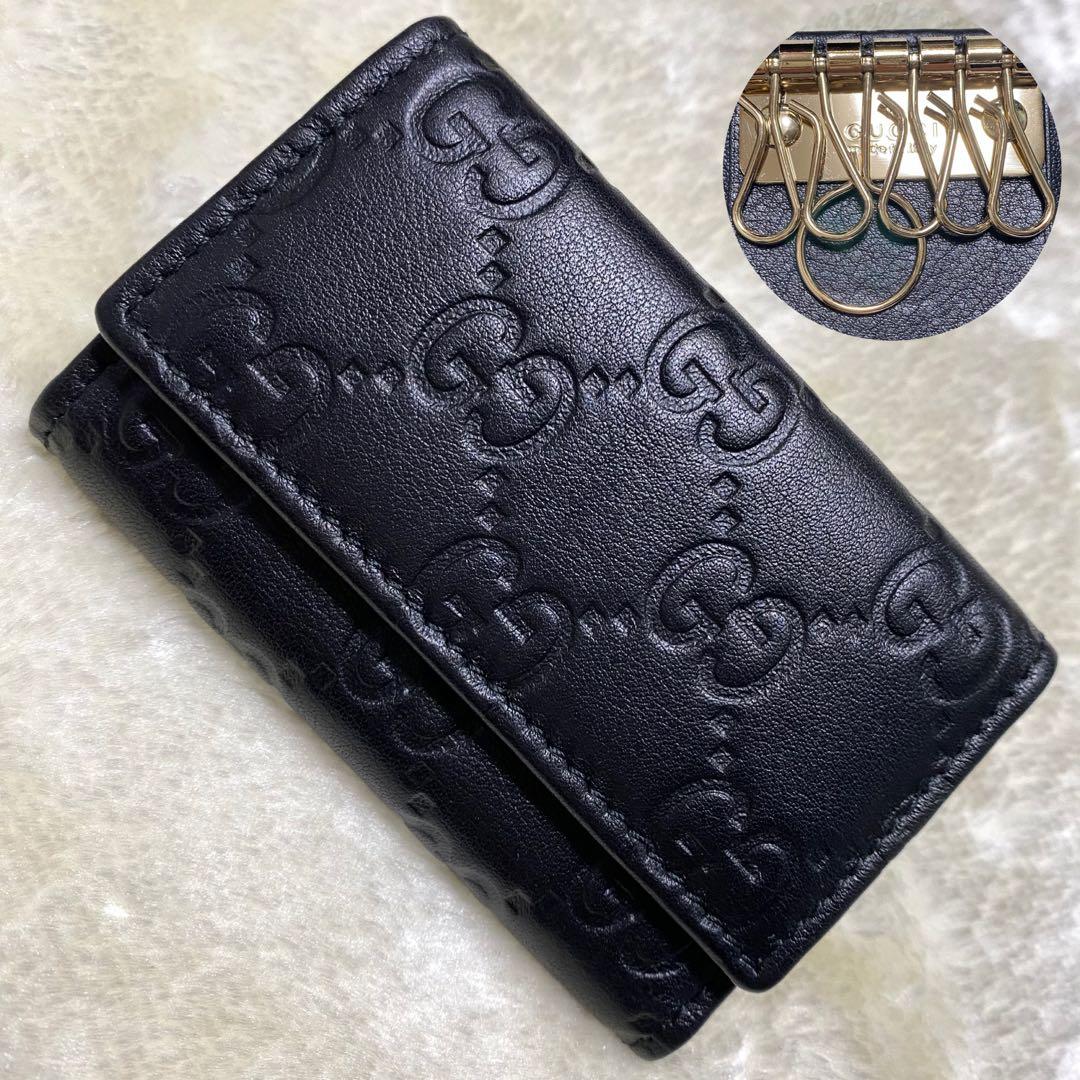 新品級✨グッチ6連キーケース GG総柄シマ黒レザーゴールド金具インターロッキング