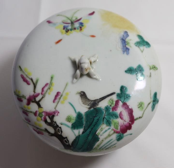 中国　清朝期　粉彩蓋器　喜上梅梢　アンティーク　木箱付0905