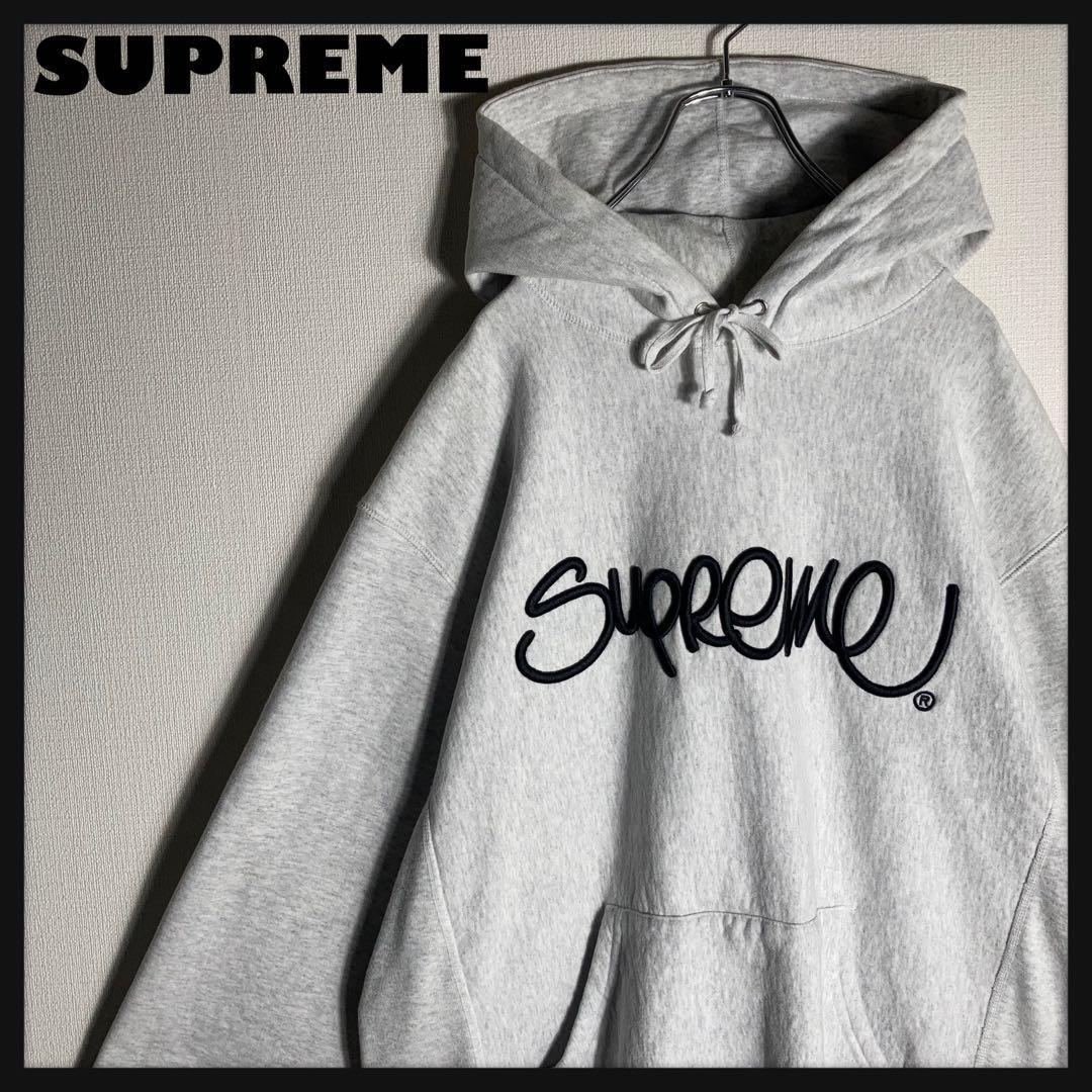 SUPREME プルオーバーパーカー ビッグロゴ 刺繍 アッシュグレー L.