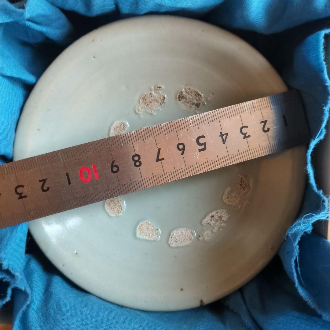 青磁 花模様 陶器皿 木箱付き　分院窯作　李朝面取台鉢　白磁　骨董品　古美術