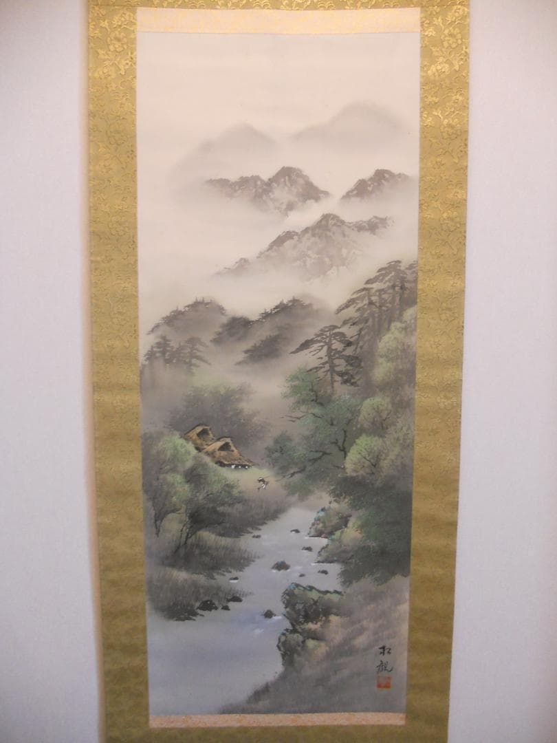 掛け軸 松観 彩色山水 絹本 希少 軸装 茶道具 掛軸 美品 です。