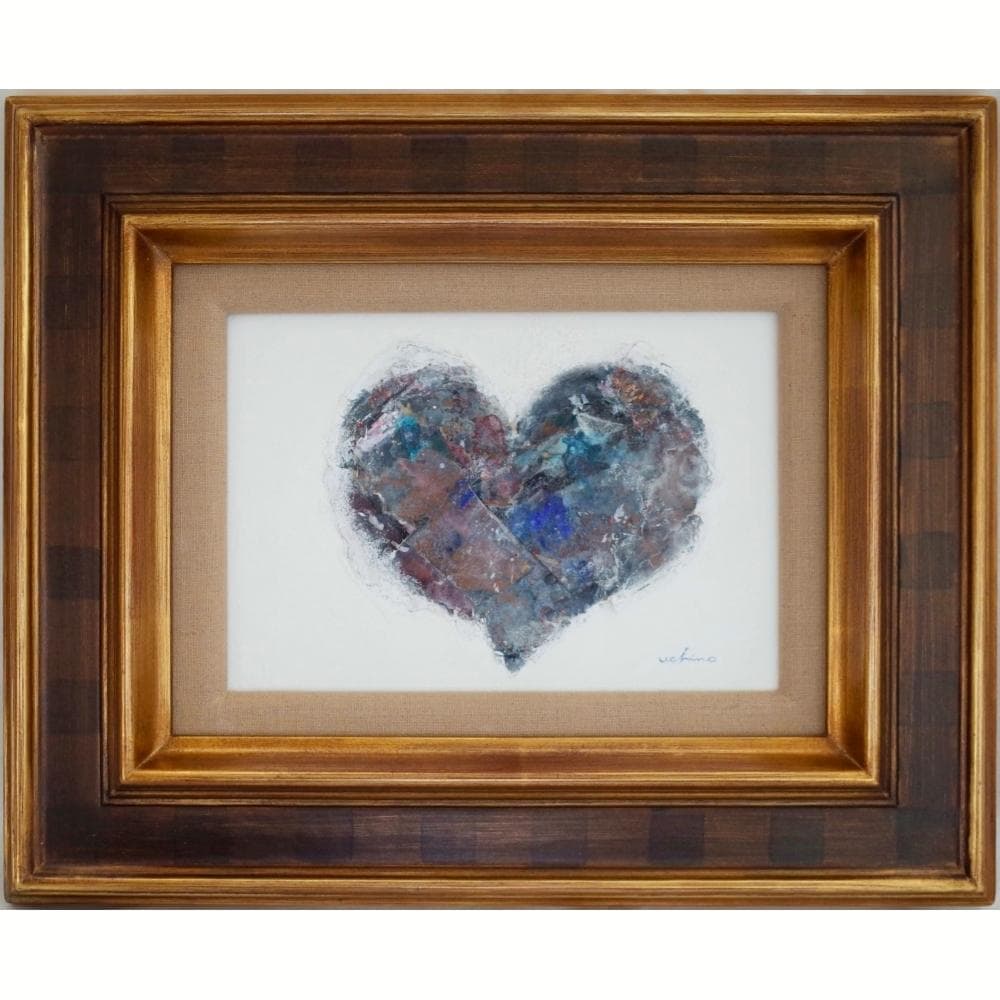 内野隆文　ハート　抽象絵画　パネルにミクストメディア　現代アート　額縁　真作