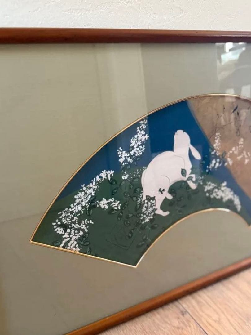 真作保証日本画 71 × 41 cm 扇面画｜兎と秋草 月に想いを馳せて｜額装済