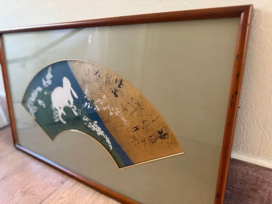 真作保証日本画 71 × 41 cm 扇面画｜兎と秋草 月に想いを馳せて｜額装済