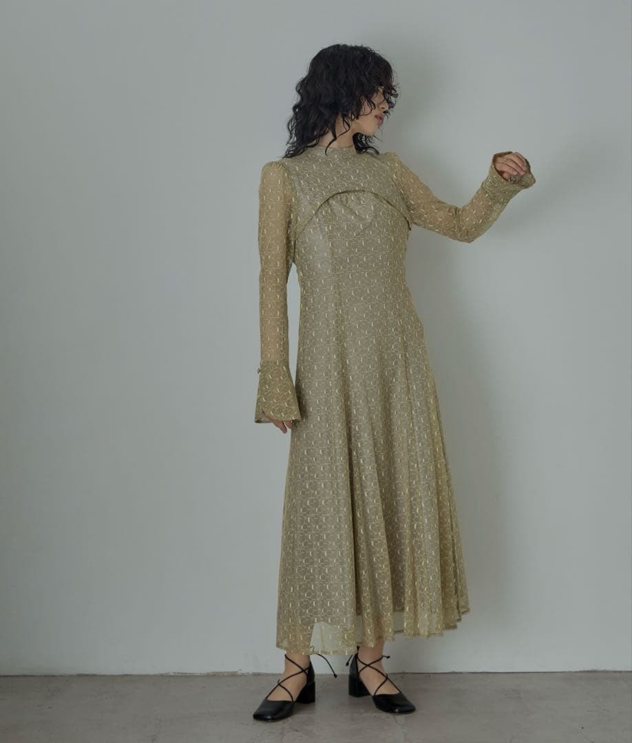 バックオープンジオメトリックドレス パーティードレス イエロー