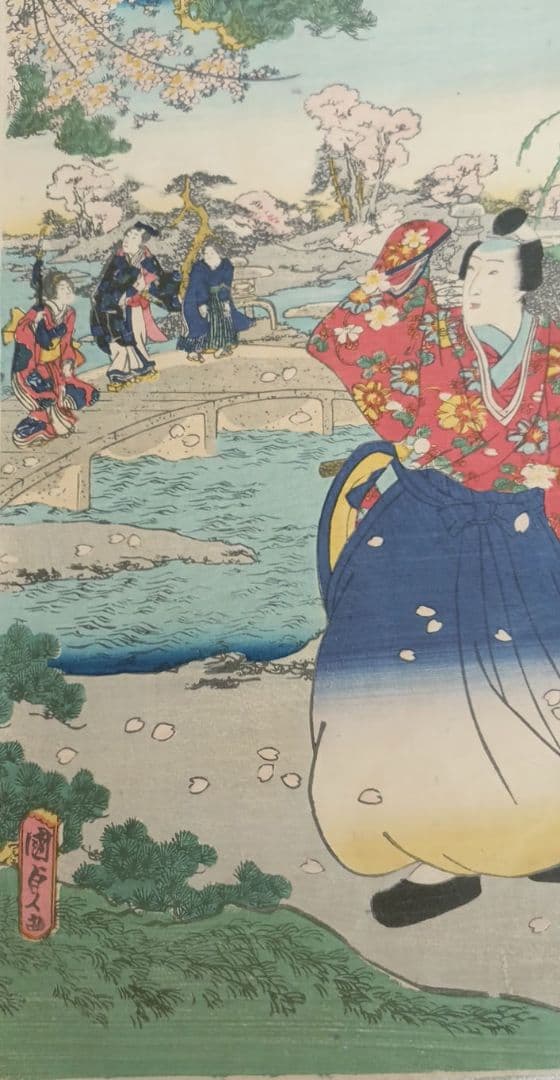 浮世絵、偐紫源氏姿美多て八景の内春嵐、二代国貞画三枚綴りの内右側と真ん中2枚売り