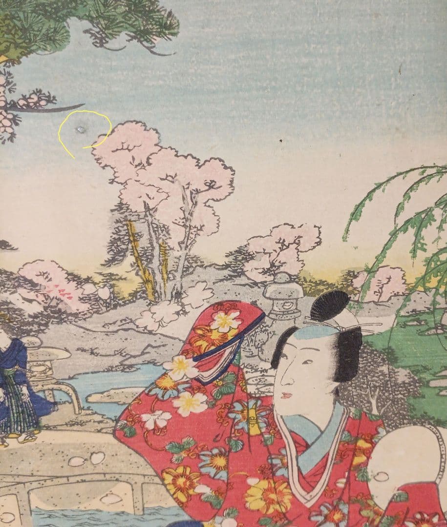 浮世絵、偐紫源氏姿美多て八景の内春嵐、二代国貞画三枚綴りの内右側と真ん中2枚売り