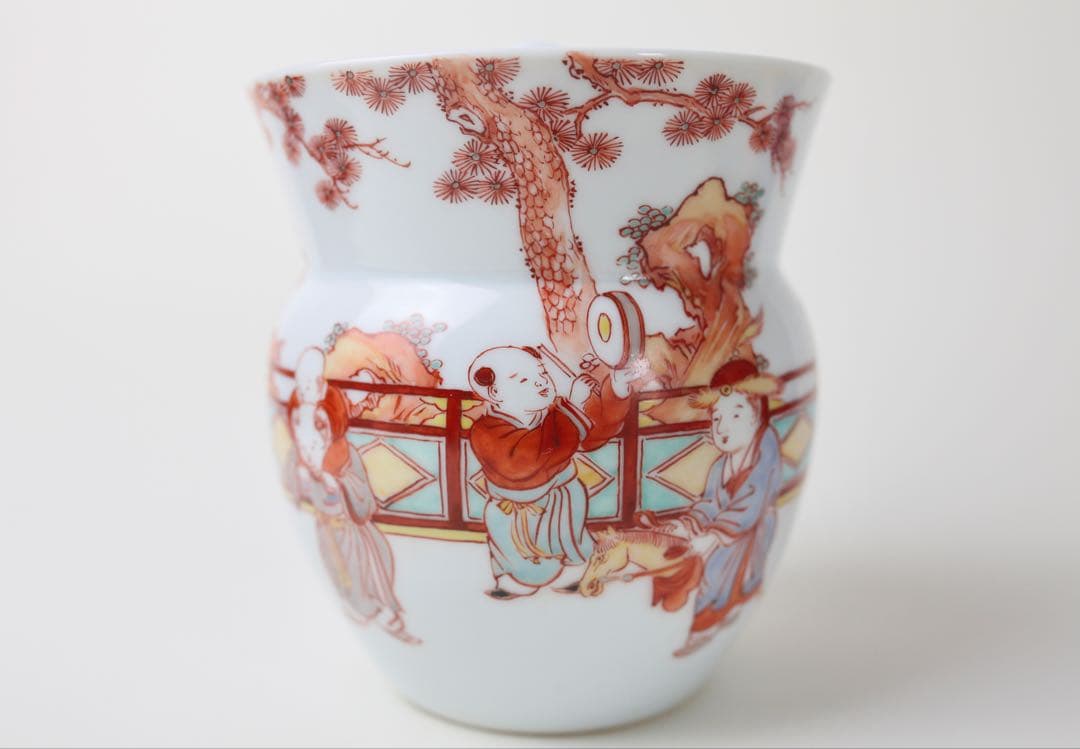 春峰 赤絵 細密唐子絵 水指 壺 茶道具 茶器