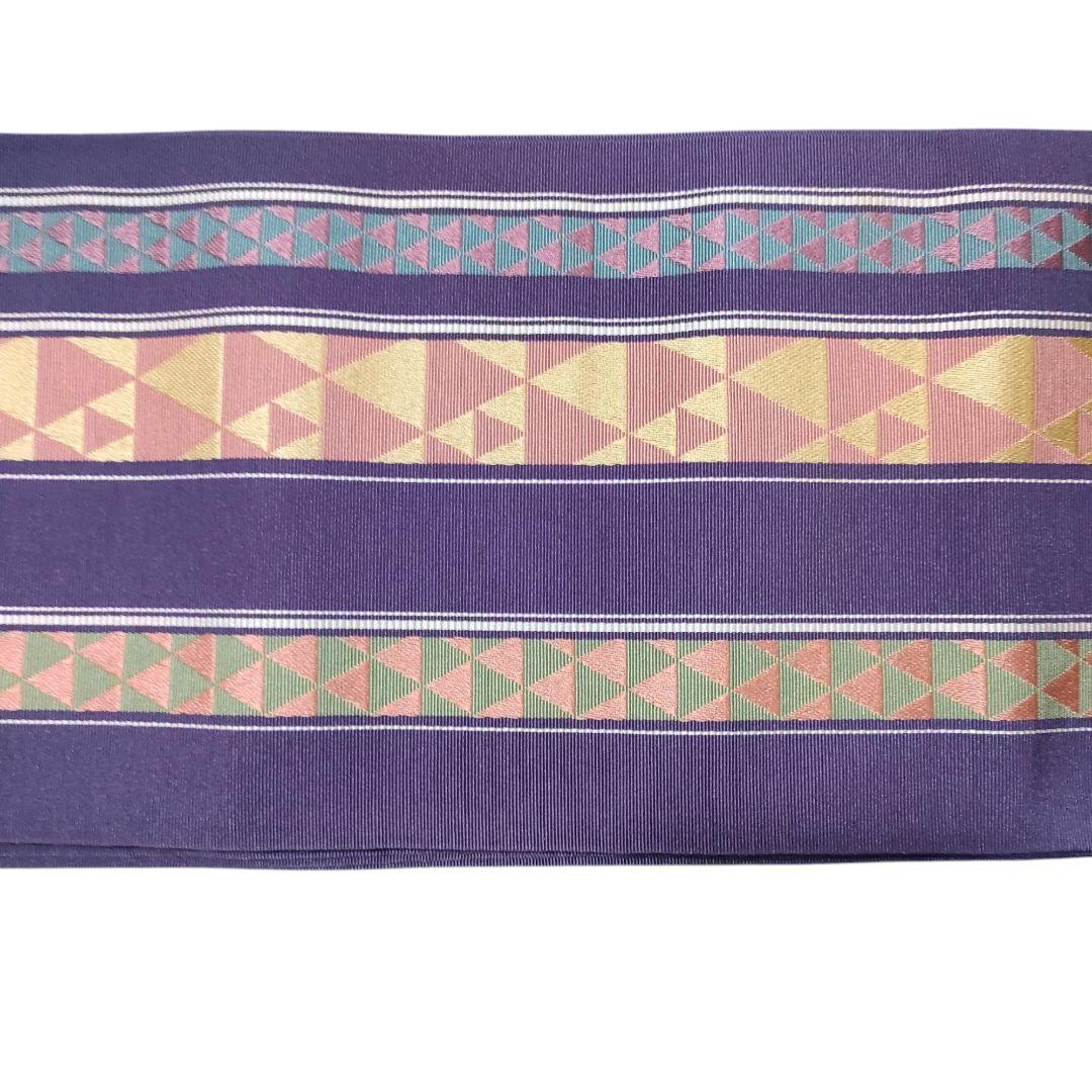 半幅帯ゆかたの帯長さ342cm幅15cm博多織正絹うろこ鱗柄横縞ボーダー灰紫色