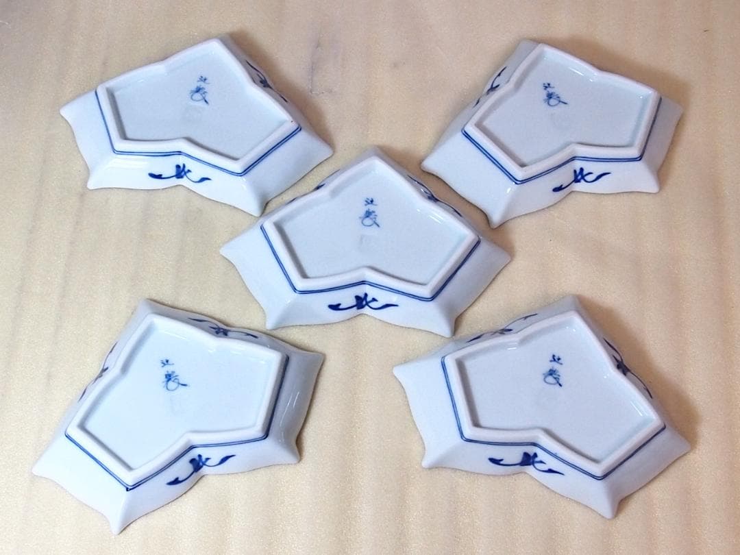 【未使用】有田焼 十四代 辻常陸 染錦水鳥文 変形皿5客 銘々皿/菓子皿 茶道具