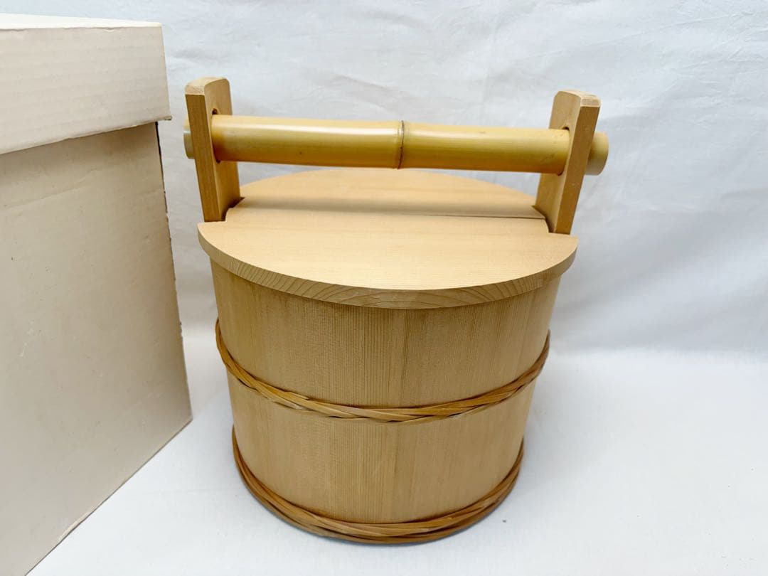 ほぼ未使用 茶道具 水張桶 手桶水指 木地 割蓋付き 水屋道具 茶事 木工芸元箱