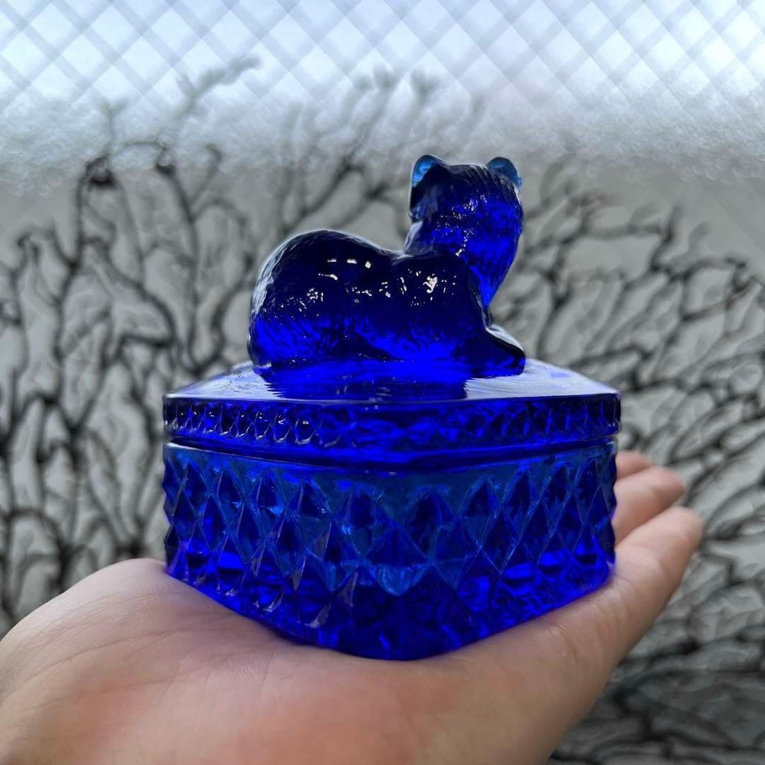 骨董　レトロガラス　希少コバルトブルー　瑠璃色ガラス　子猫　ボンボン入れ　菓子器