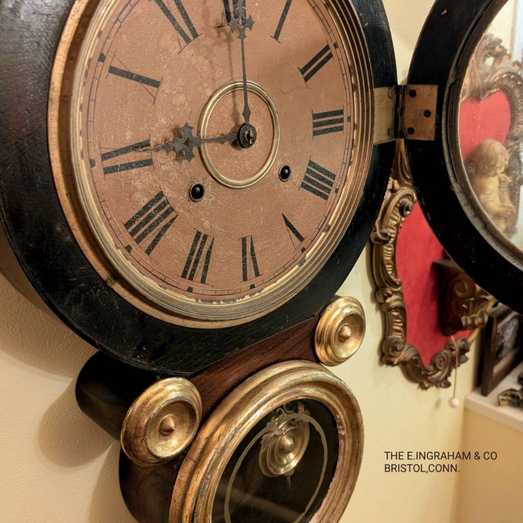 古時計　アンティーク掛時計　イングラハム掛時計　四つ丸　ゼンマイ時計