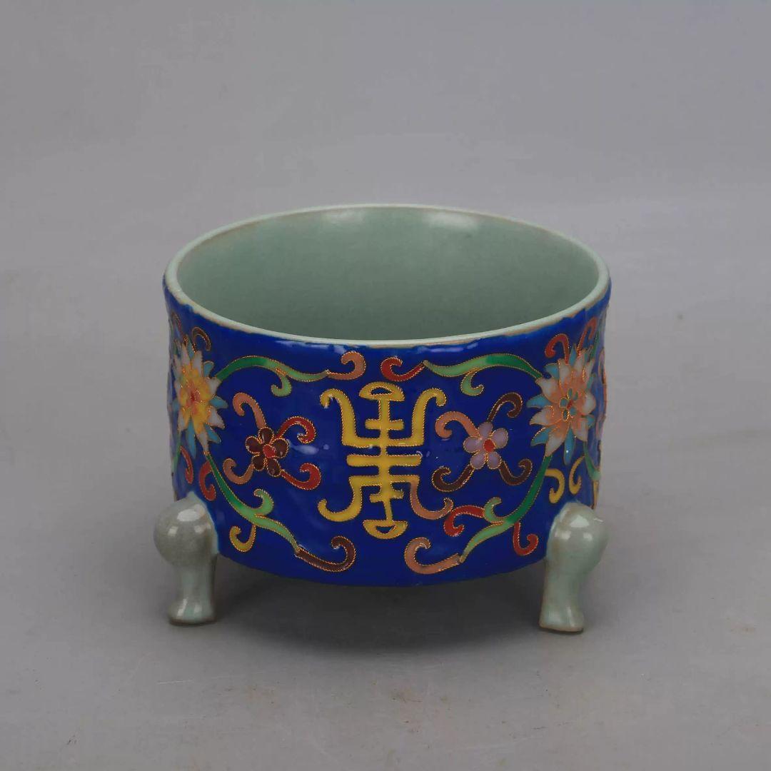 汝窯絞糸琺瑯彩寿字纏枝蓮三足玄紋香炉 景徳鎮 装飾品 現代工芸品 美術品 置物