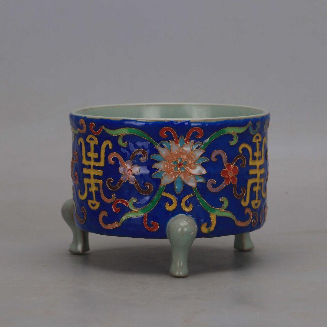 汝窯絞糸琺瑯彩寿字纏枝蓮三足玄紋香炉 景徳鎮 装飾品 現代工芸品 美術品 置物
