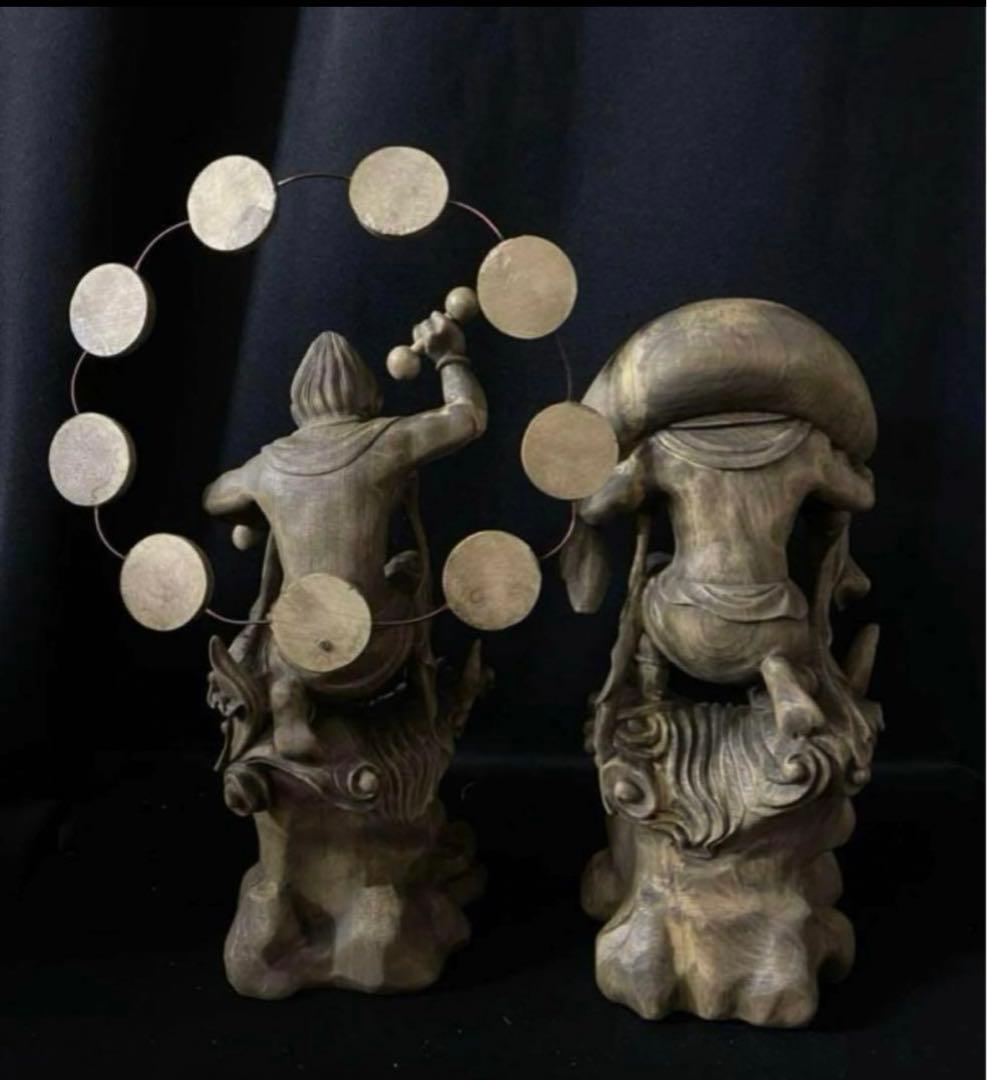総楠材　高27cm 最大32cm 木彫仏教　仏師で仕上げ品　風神雷神図一式