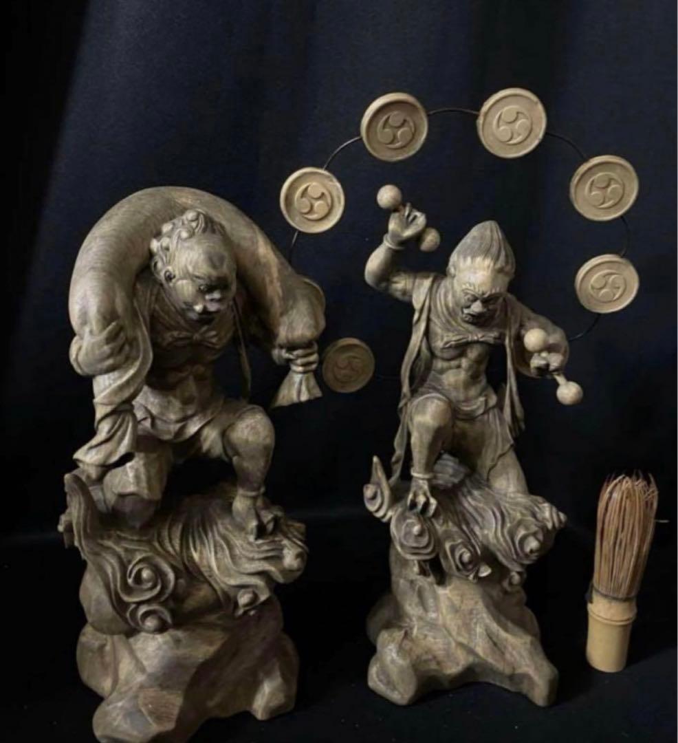 総楠材　高27cm 最大32cm 木彫仏教　仏師で仕上げ品　風神雷神図一式